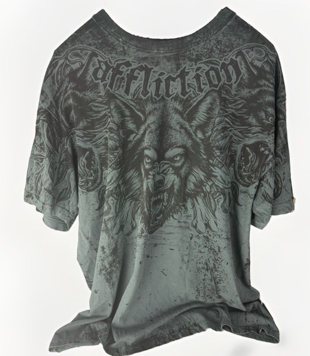 Affliction Bleak Moon Wolf T Shirt Gunmetal Lava Wash Distressed Mens 2XL NWT